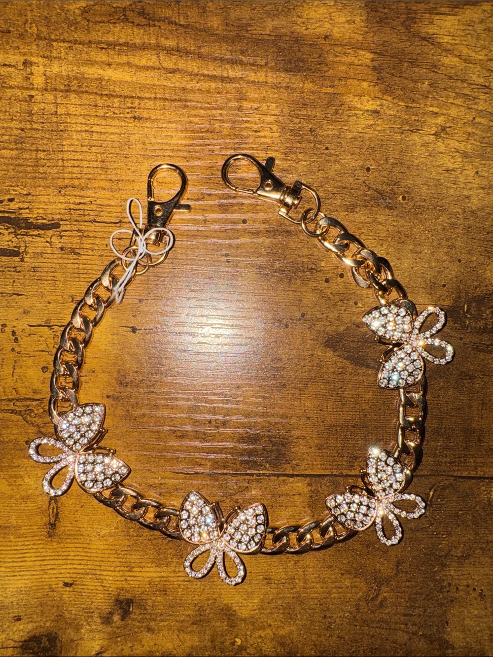 Gold Tone Rhinestone Butterfly Purse Chain / Bag Charm / Jean Chain Accessory - Picture 2 of 8